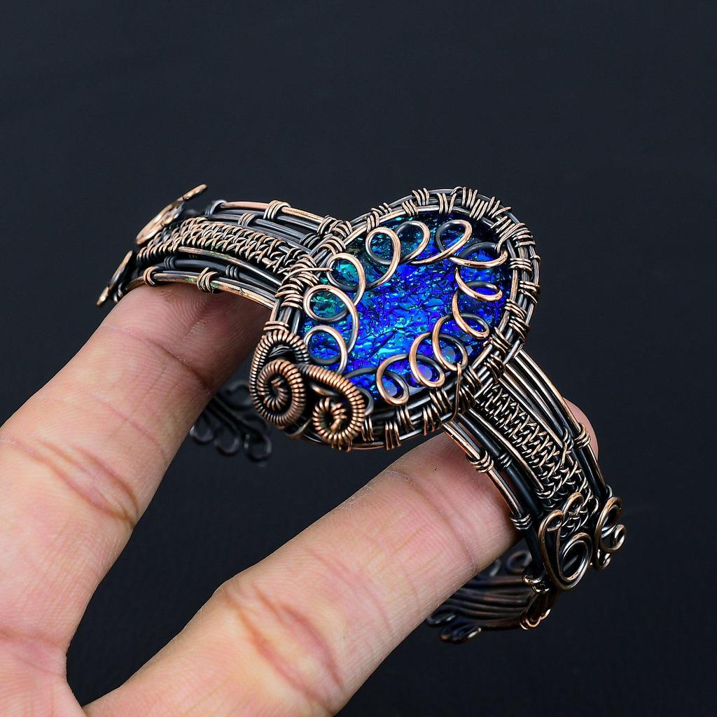 Blå australsk triplett opal edelsten ren kobbertråd innpakket håndlaget mansjett/armbåndsmykker