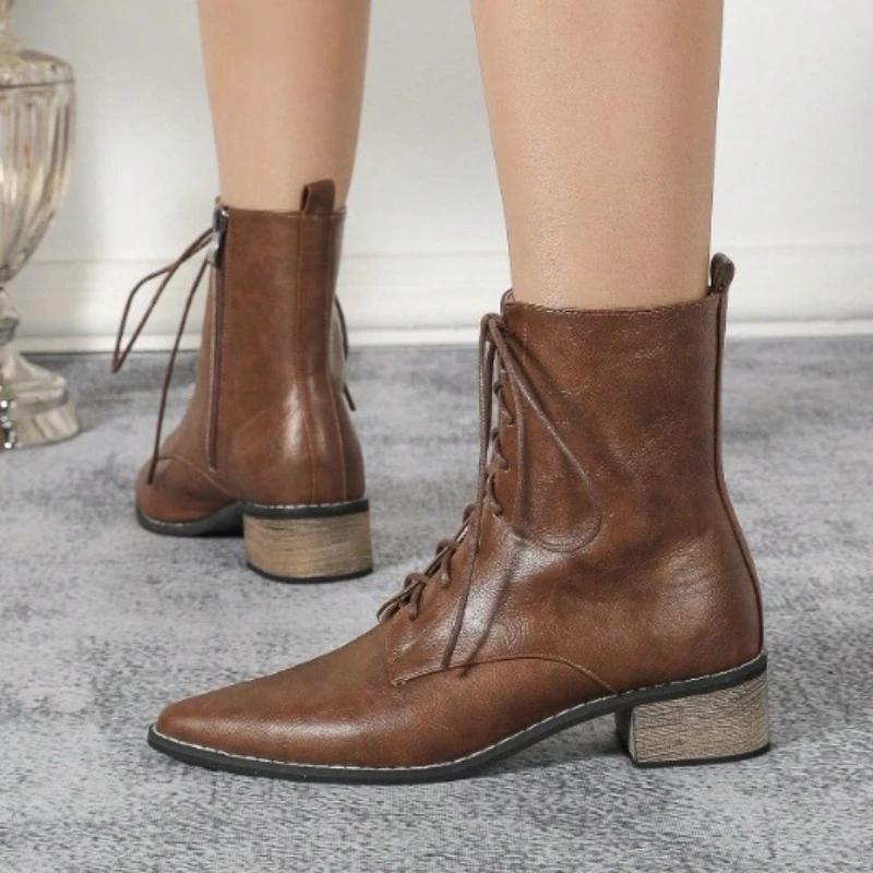Spitze Zehen Schnürstiefel mit Blockabsatz für Damen Mode Seitenreißverschluss Britischer Stil Plateau Kurze Stiefel Botas Para Mujer