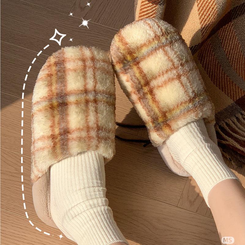 

Winter new women s shoes fashion plaid couple cotton slippers soft soles for home outings thickened warm slippers 44-45
