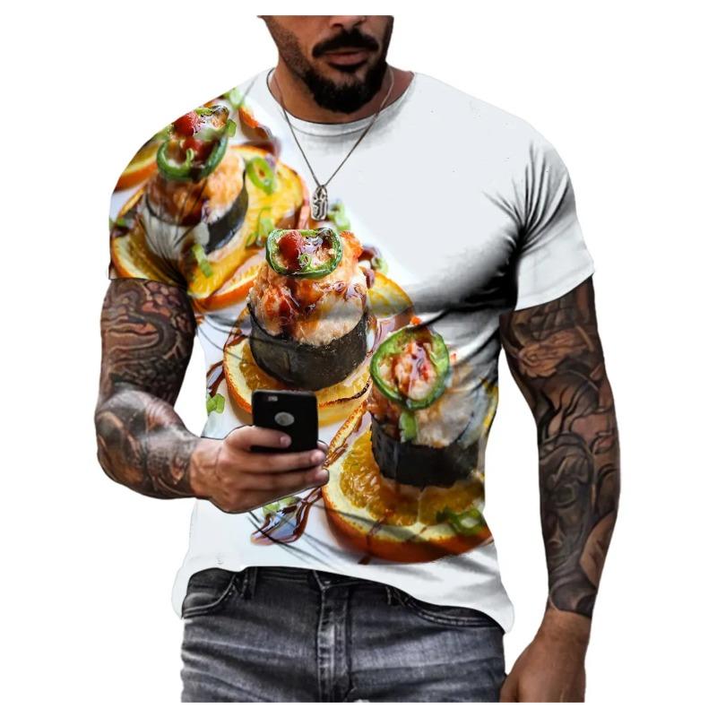 Summer Round Neck 3D Food Pattern Print Top Fashionable Casual Hip Hop Short Sleeved Men's T-shirts