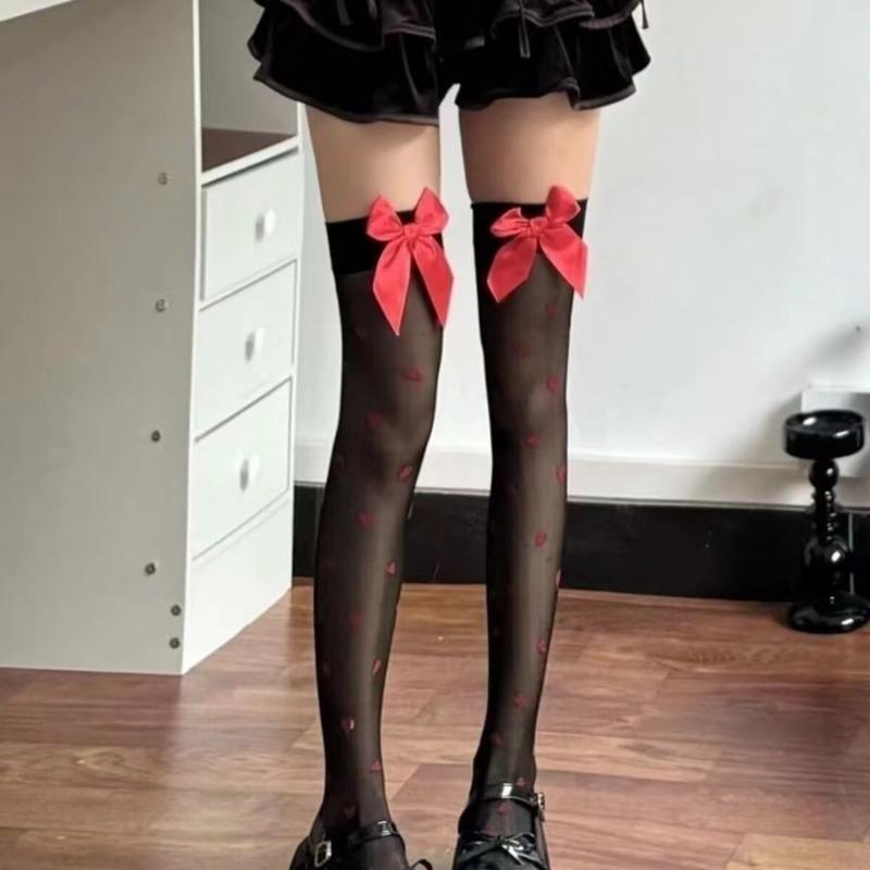 Women Sexy Cute Love Heart Pattern Stockings Nylon High Stockings With Bow Decoration Valentine Day Gift Christmas Wear