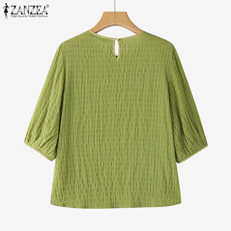 ZANZEA Women's Casual Textured O-neck 3/4 Sleeve Loose Blouse