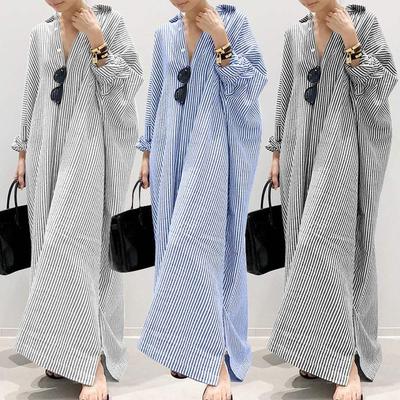 Plus Size Women's  Long Striped Straight Hemline Shirt Dress Loose Outerwear Seven-Third Sleeve Dress