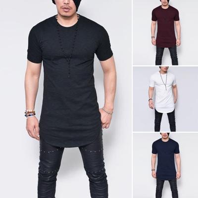 Summer Men T-shirt Round Neck Pure Color Irregular Hem Short Sleeve Slim Fit Pullover Mid Length Casual