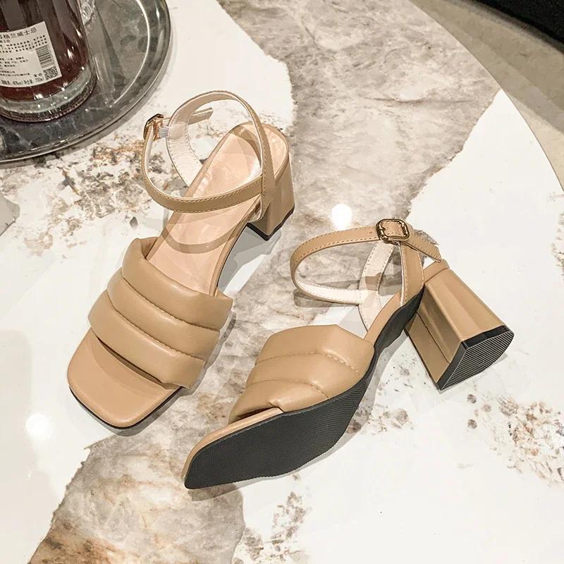 Fashion Outside Solid Med Heel Sandals for Women 2024 New Hot Sale Summer Fashion Ladies Shoes Square Heel Rubber Pu Women's Sandals