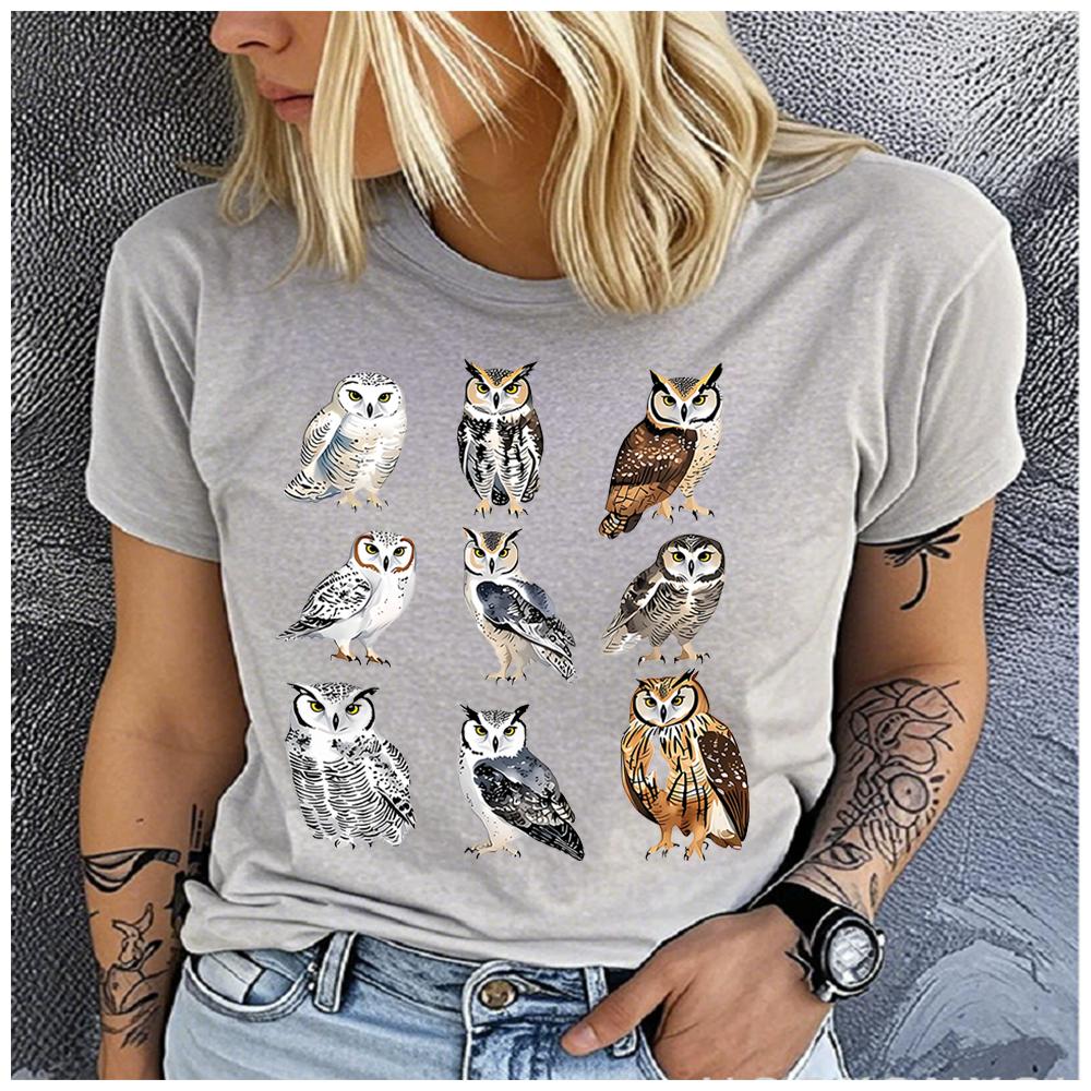 Unisex 100% Polyester Summer Top Different Breeds and Styles of Owls Print Loose Round Neck Short Sleeve Fashion for Lovers