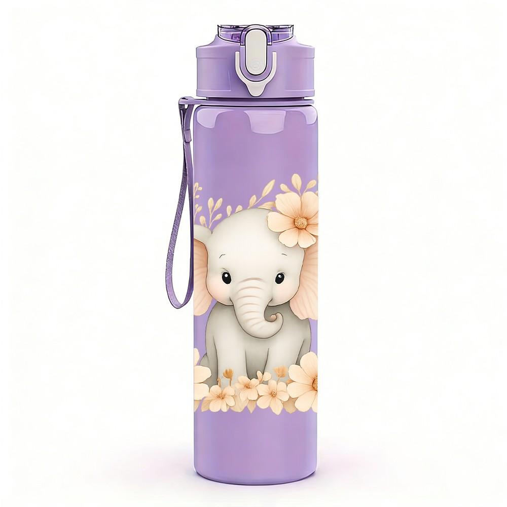 1PC Soft Floral Baby Elephant 750ml Color Plastic Sports Water Bottle Leakproof Flip Straw Lid Suitable for Sports Office Home Use