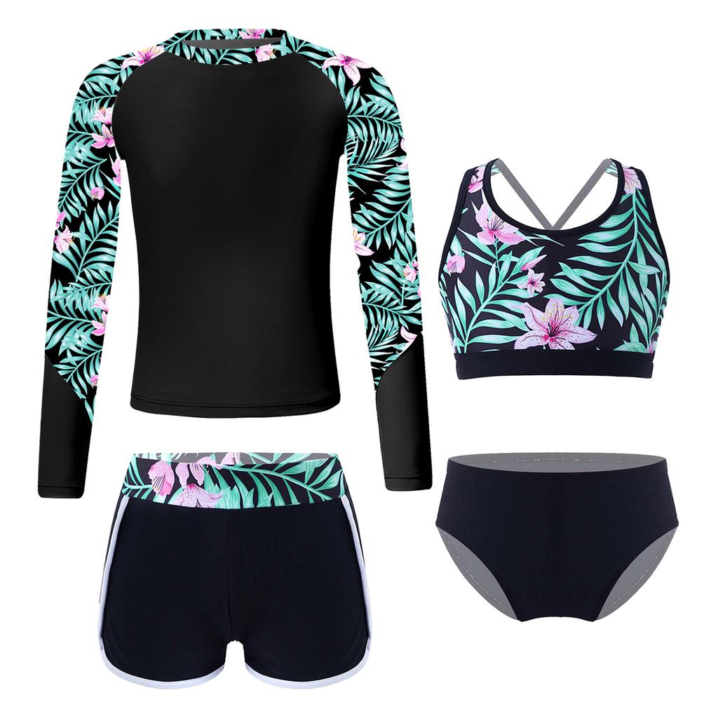 Girls Long Sleeve Swimwear Set UPF Sun Protection Printed Top Crop Top Briefs Pool Outfit