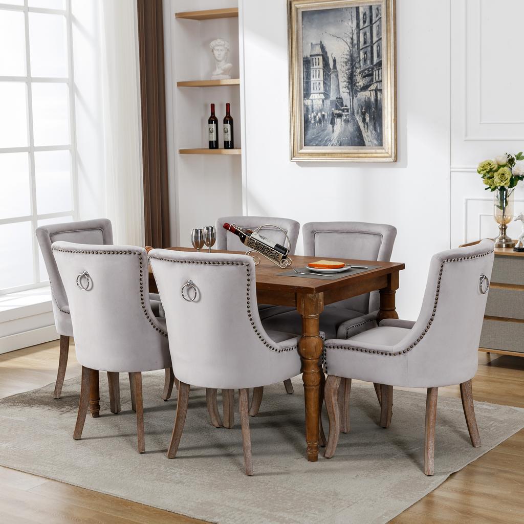 Luxurious Dining Chair (Kitchen Chair Living Room Chair, 6 pcs), Upholstered Chair with Nailhead Trim, Solid Wood Legs, Velvet Cover, Grey