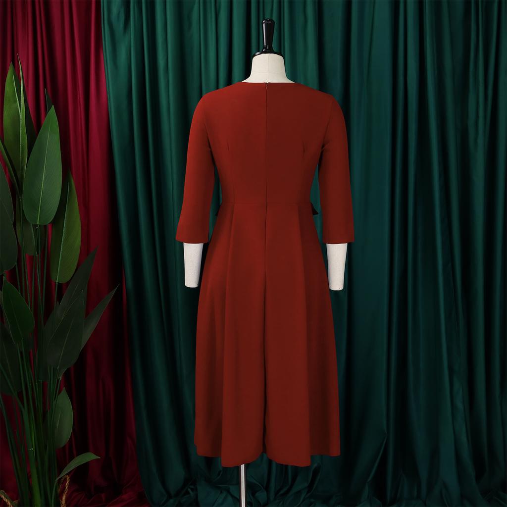 Fashion Women Solid Color Summer Dress Plus Size Cross Border African Dress Pleated Three Quarter Sleeves