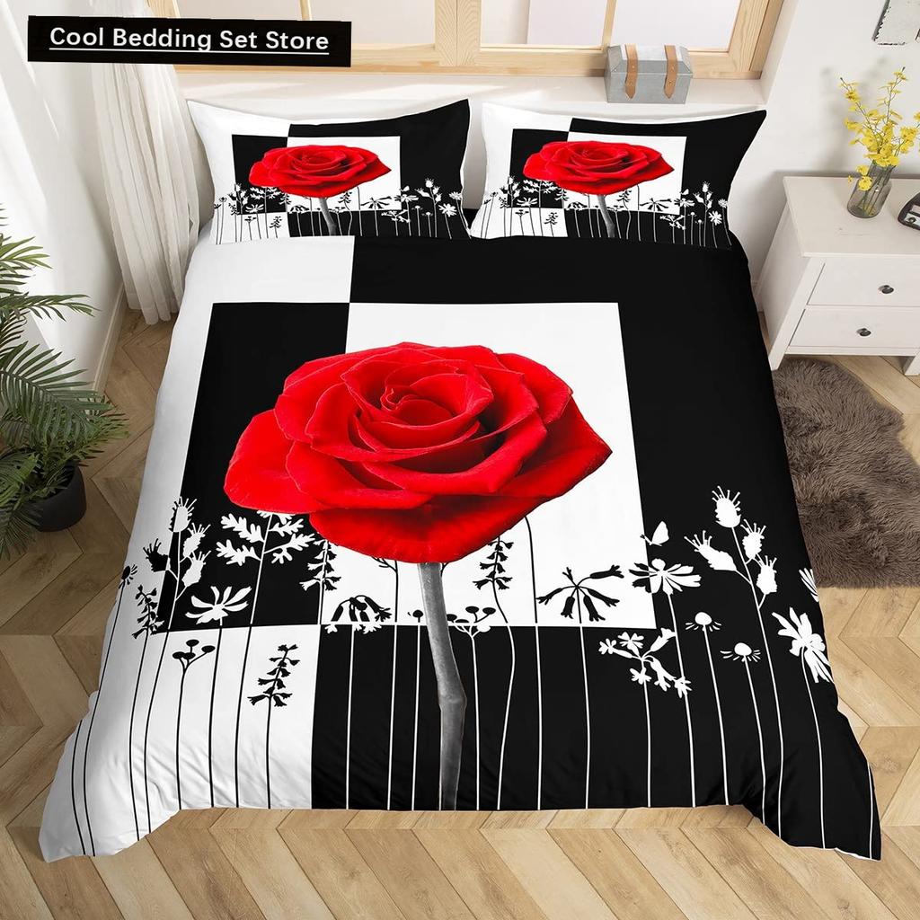 Valentine'S Day Rose King Queen Duvet Cover Red White Floral Bedding Set Romantic Flowers Quilt Cover Polyester Comforter Cover