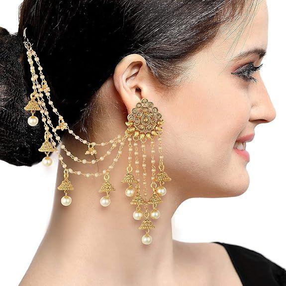 Traditional Brass Gold Plated Wedding Jewellery Bahubali Inspired Long Chain Jhumki Earrings for Women