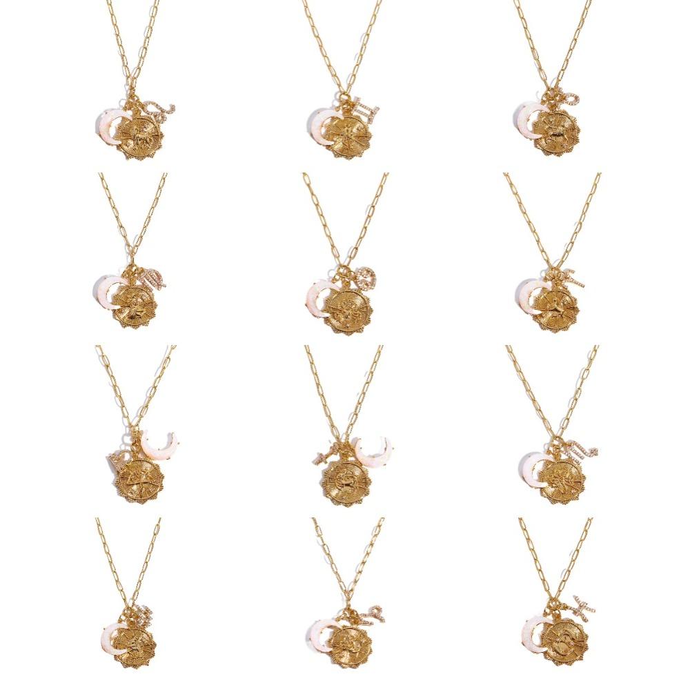 Crystal 12 Constellation Necklace Moon Sun Bohemian Golden Necklace Collarbone Chain Women  Girls