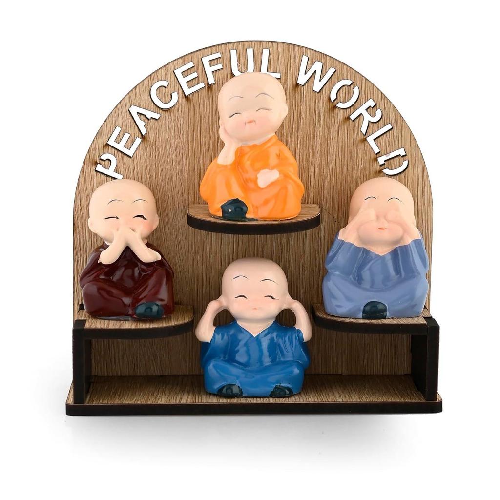 Buddha Monk on Wooden Base Statue Home Decor Items Figurines Showpiece - Cute Mini Baby Buddha Statue