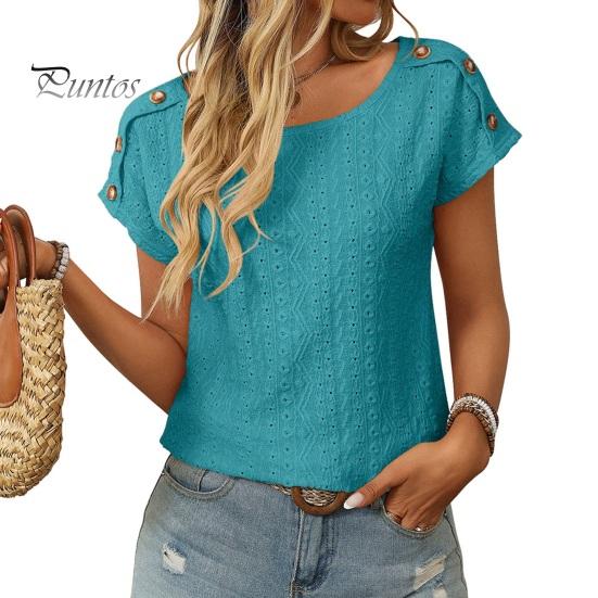 

Женская футболка с круглым вырезом и коротким рукавом, однотонный пуловер, топы с ажурным вышитым узором, футболка для повседневной носки S синий