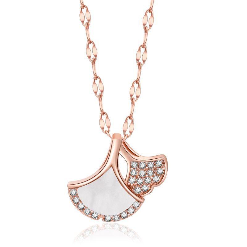 Stylish Titanium Steel Locking Chain Necklace With Inlaid Ginkgo Leaf Pendant For Trendy Women