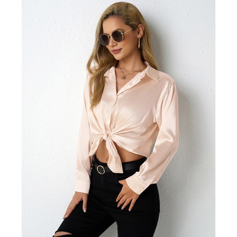 Women's Satin Shirt Simple V-neck Button Blouse Loose Long Sleeved Blouses & Shirts