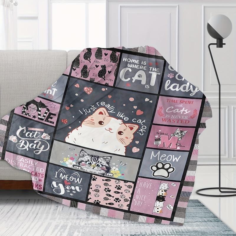 A Small Wooden House Style Flannel Blanket with a Cat Theme - Comfortable and Soft All Season Knitted Flannel