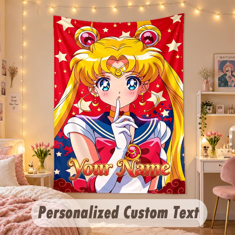 Custom Personalized Tapestry,Sailor Moon Print Custom Name Text Wall Art Hanging for Bedroom