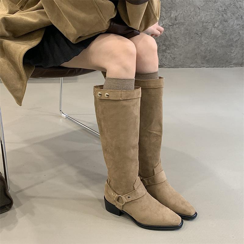 Rich and rich retro Maillard cowboy boots belt buckle thick heel tall boots autumn and winter 2025 new knight boots