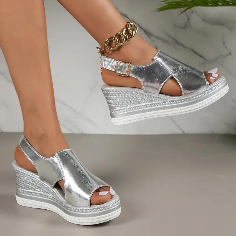 Peep Toe Wedge Sandals Women Summer Back Strap Buckle Platform Sandles Woman Fashion Thick Sole Sandalias Roman Shoes 2024