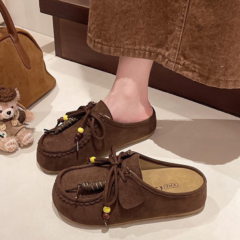 Niche beaded retro baotou half slippers women wear new autumn and summer thick-bottomed inner height-increasing cool slippers