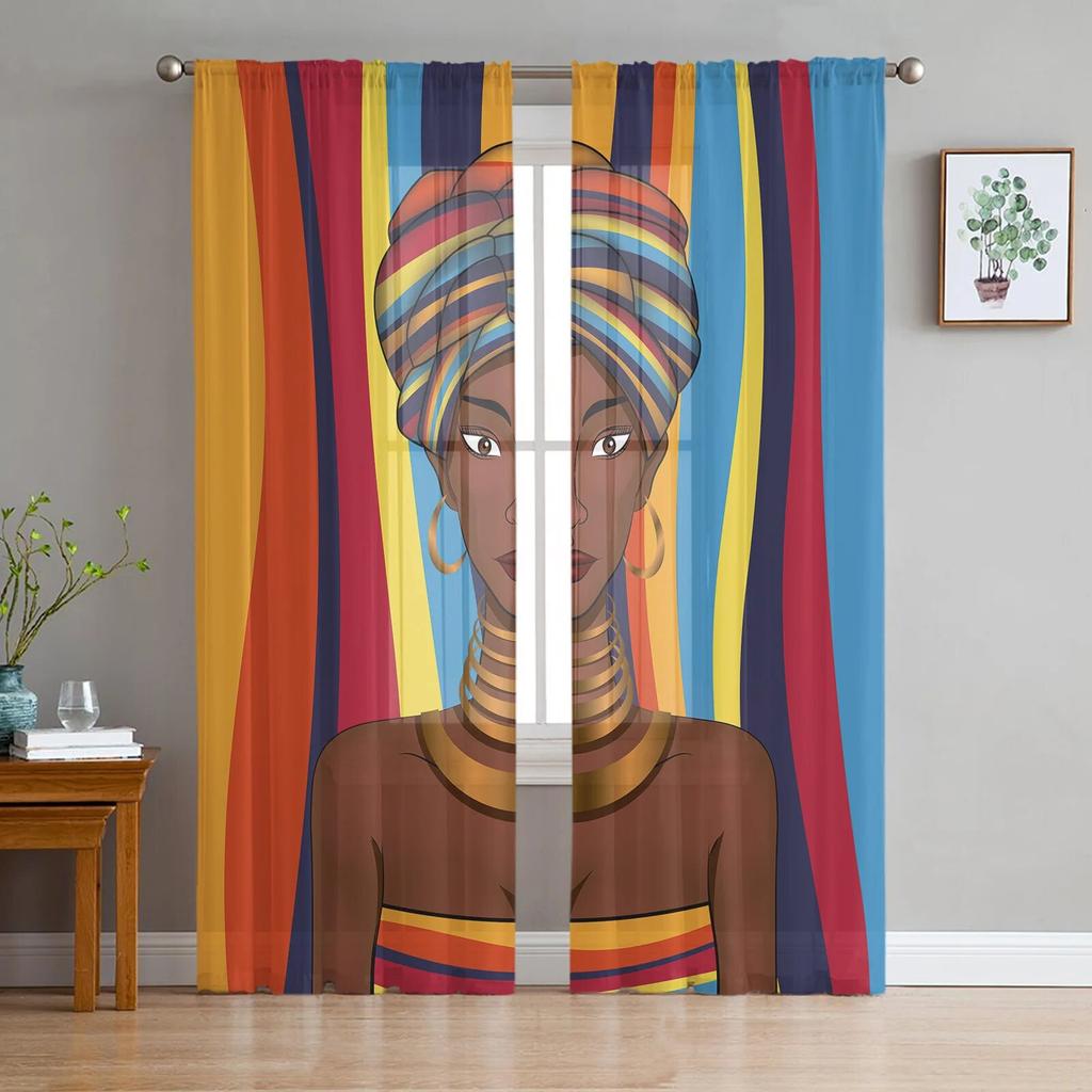 African Woman Skirt Texture Tulle Curtains for Living Room Bedroom Sheer Curtain for Balcony Hall Fashion Printed Home Drapes