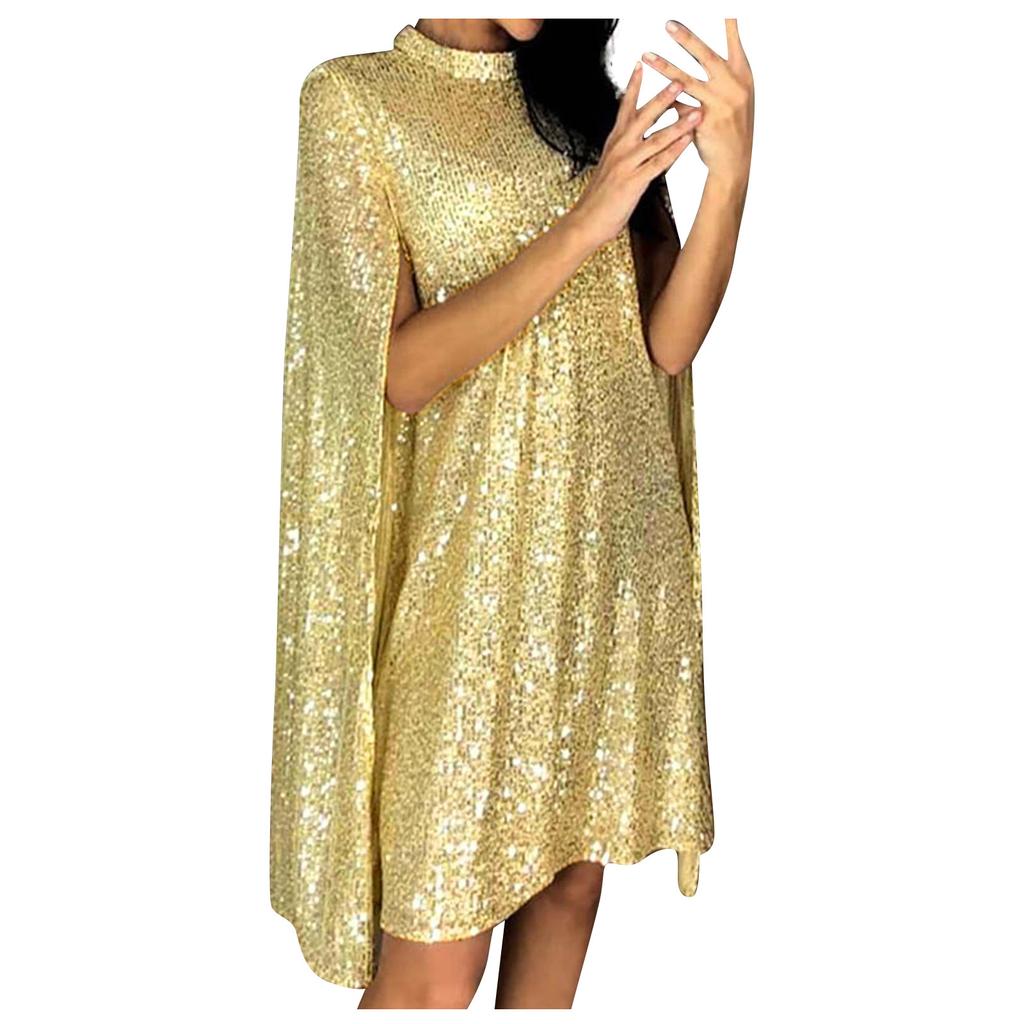 Women's Fashion Sexy Solid Stand Collar Sequin Loose Cloak Sleeve Dress