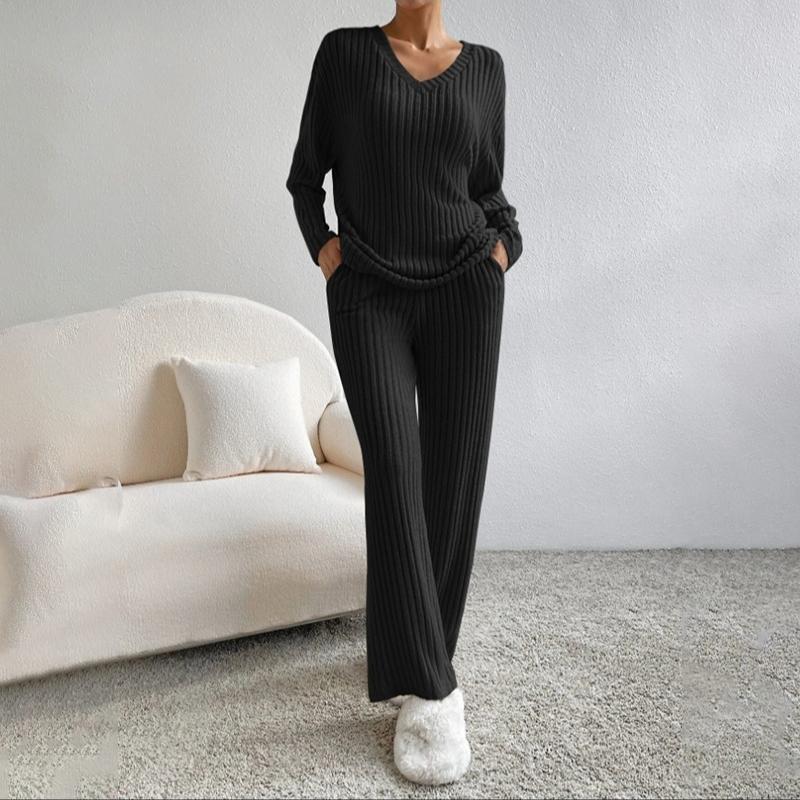 Pantaloni a gamba dritta casual alla moda autunnale da donna in due pezzi, temperamento, scollo a V largo, tuta lavorata a maglia