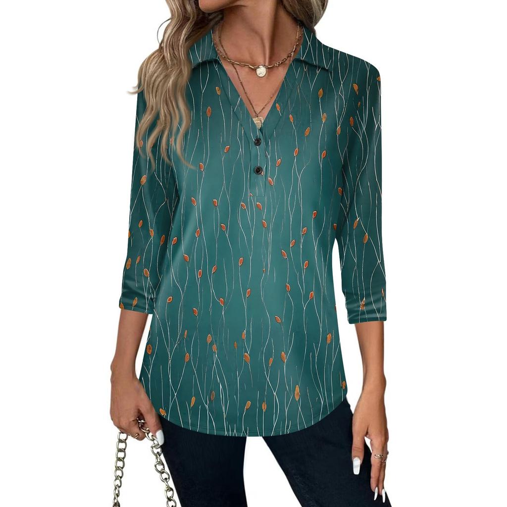Women's Fashion Casual Lapel Short 3/4 Sleeve Print Shirt Women's V-Neck Button Tops