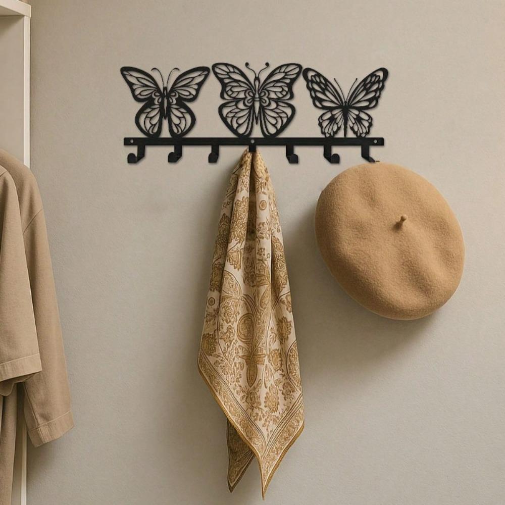 Modern Butterfly Wall Mount Key Holder 7 Hooks Space Saving Black Metal Key Organizer