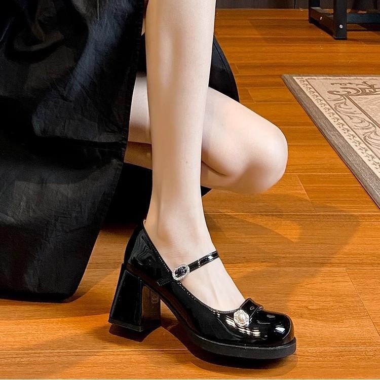 Black Mary Jane single shoes women's 2025 new French daughter style one-word with round head thick heel high heels