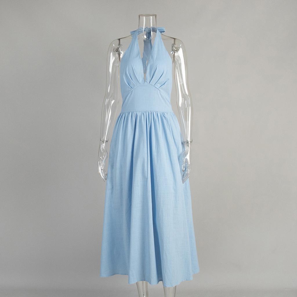 Women's 100% Cotton Long Maxi Dress  Spring Summer V-Neck Tie Waist Flowy A-Line Dress for Women European American Style