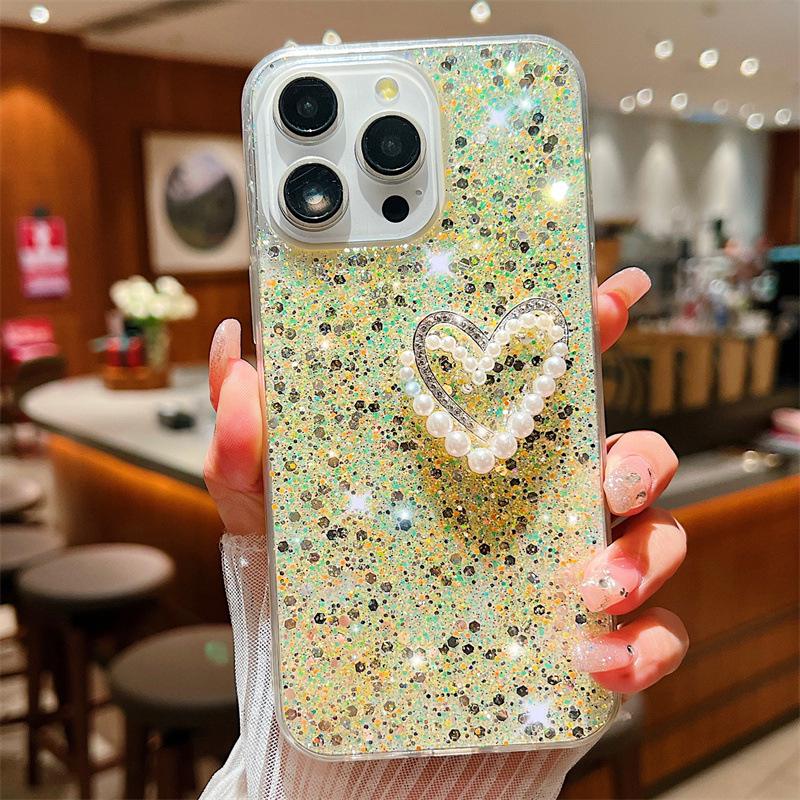 Luxus Glitzerpuder Silikonhülle für iPhone 15 Pro Max, 12, 11 - Doppelschichtiges Perlen-Liebes-Design, Fallschutz