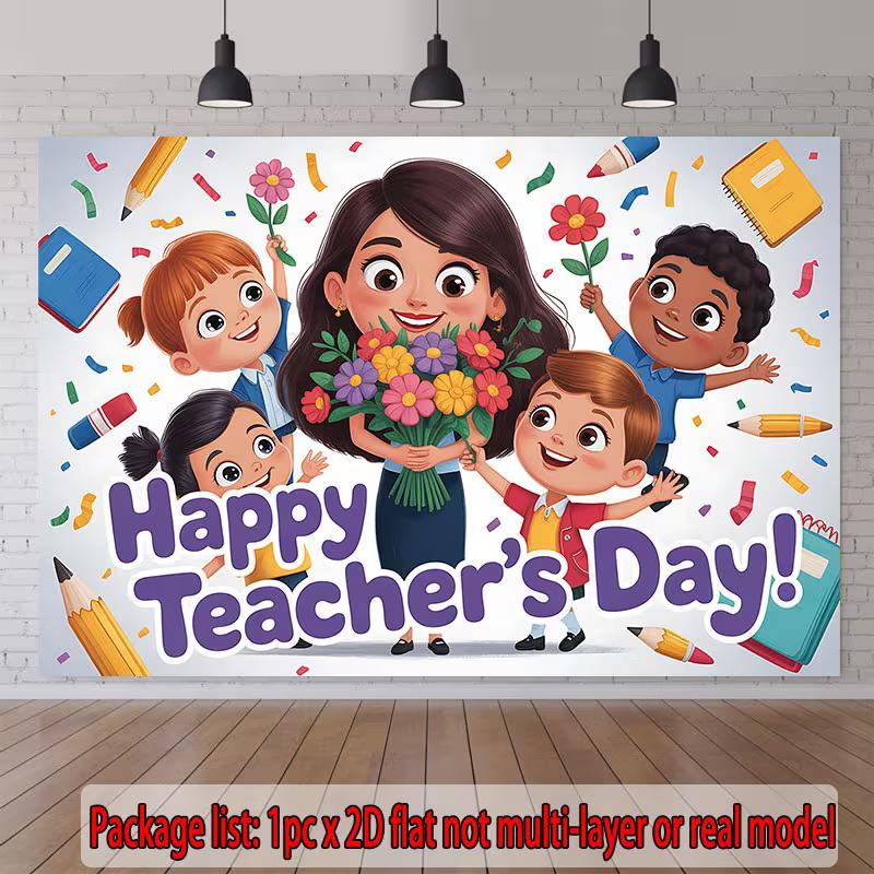 2D Flat Teacher's Day Backdrop Cute Cartoon Style School Celebration Banner