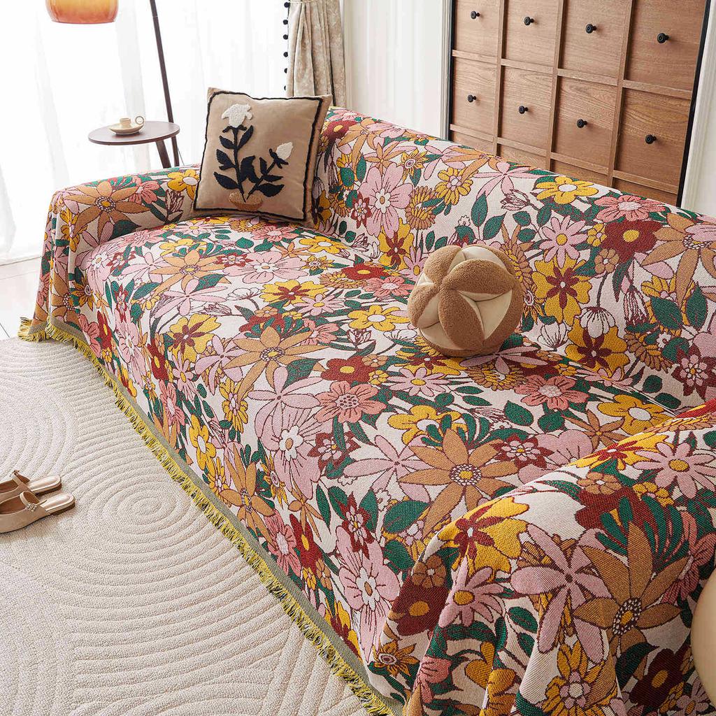 Fresh Floral Linen Sofa Throw Blanket Cover American Country Vintage One Piece All Season