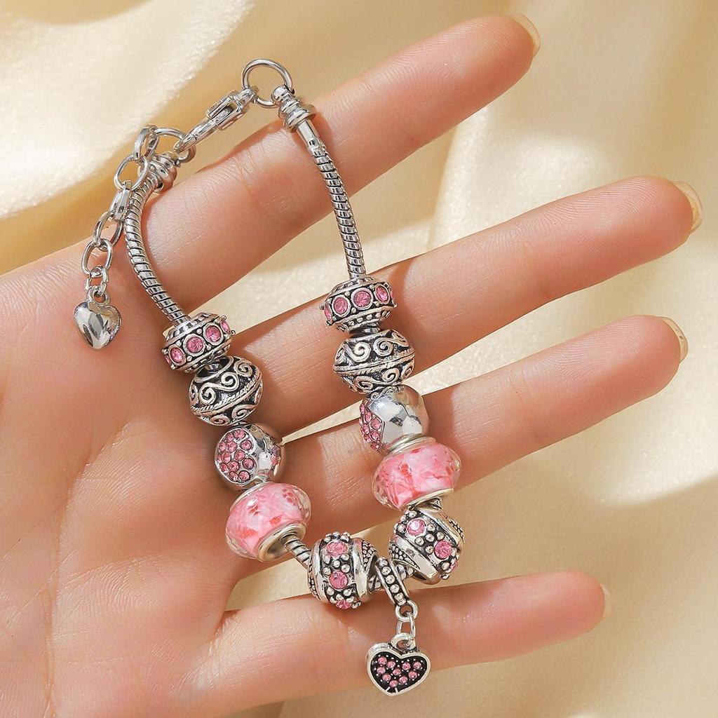 2025 Růžový křišťálový glazovaný náramek s velkým korálkem ve stylu Pandora pro ženy