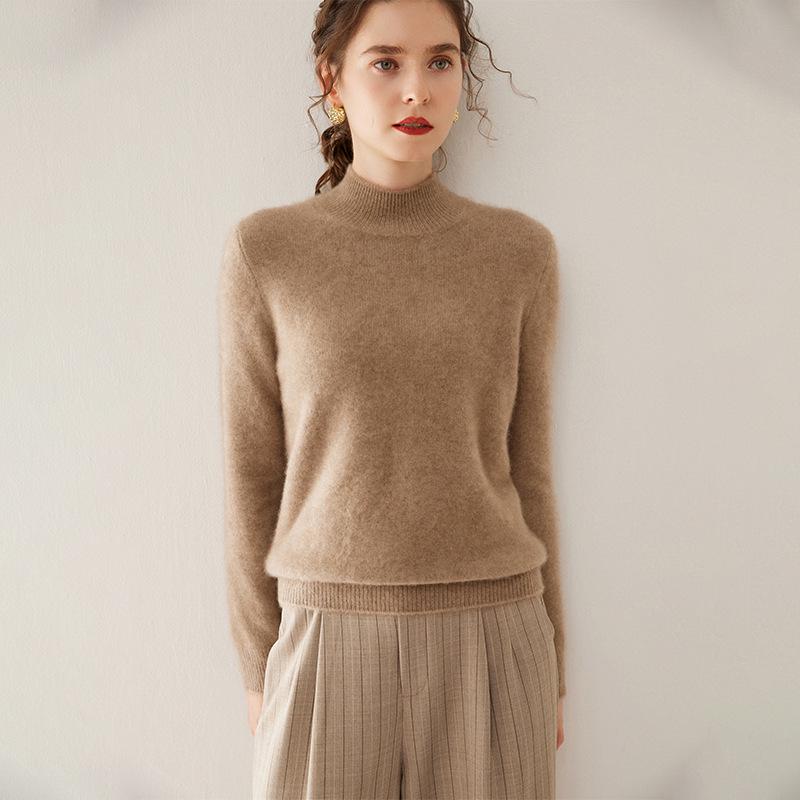 Women's Thickened Warm Cashmere Half-High Collar Sweater - Autumn/Winter 2024 Plain Knit Slim-Fit