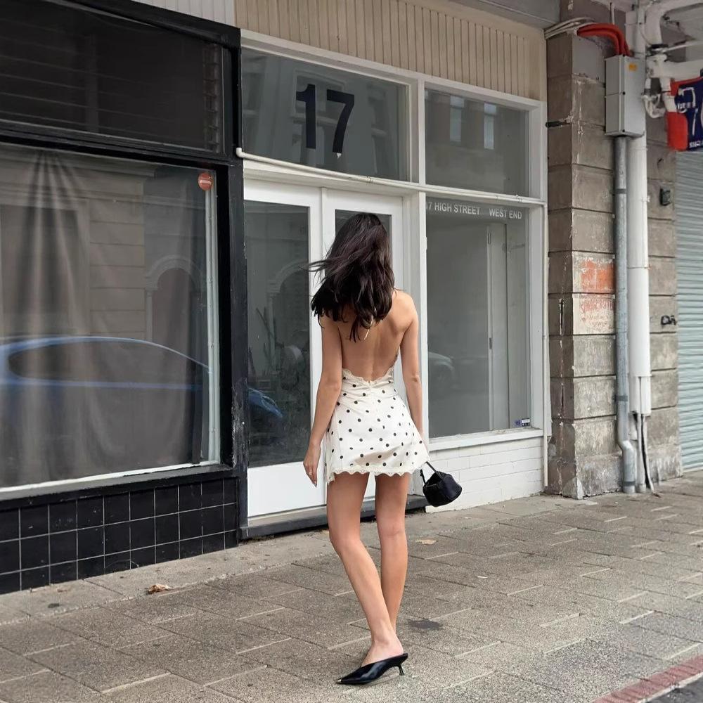 Deep V-neck Printed Polka Dot Halter Patchwork Lace Mini Dress