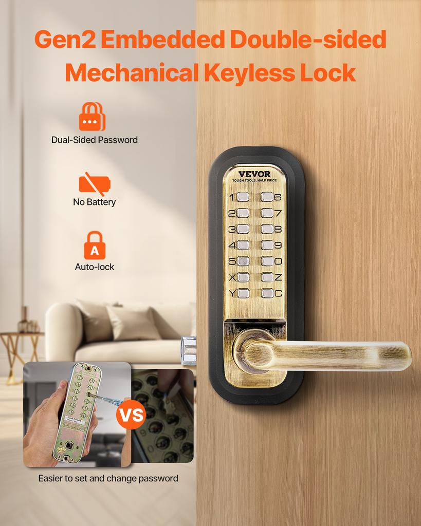 SucceBuy Mechanical Keyless Entry Door Lock 14 Key Mechanical Door Lock, Mechanical Keypad Door Lock Handle Double-Sided Lock
