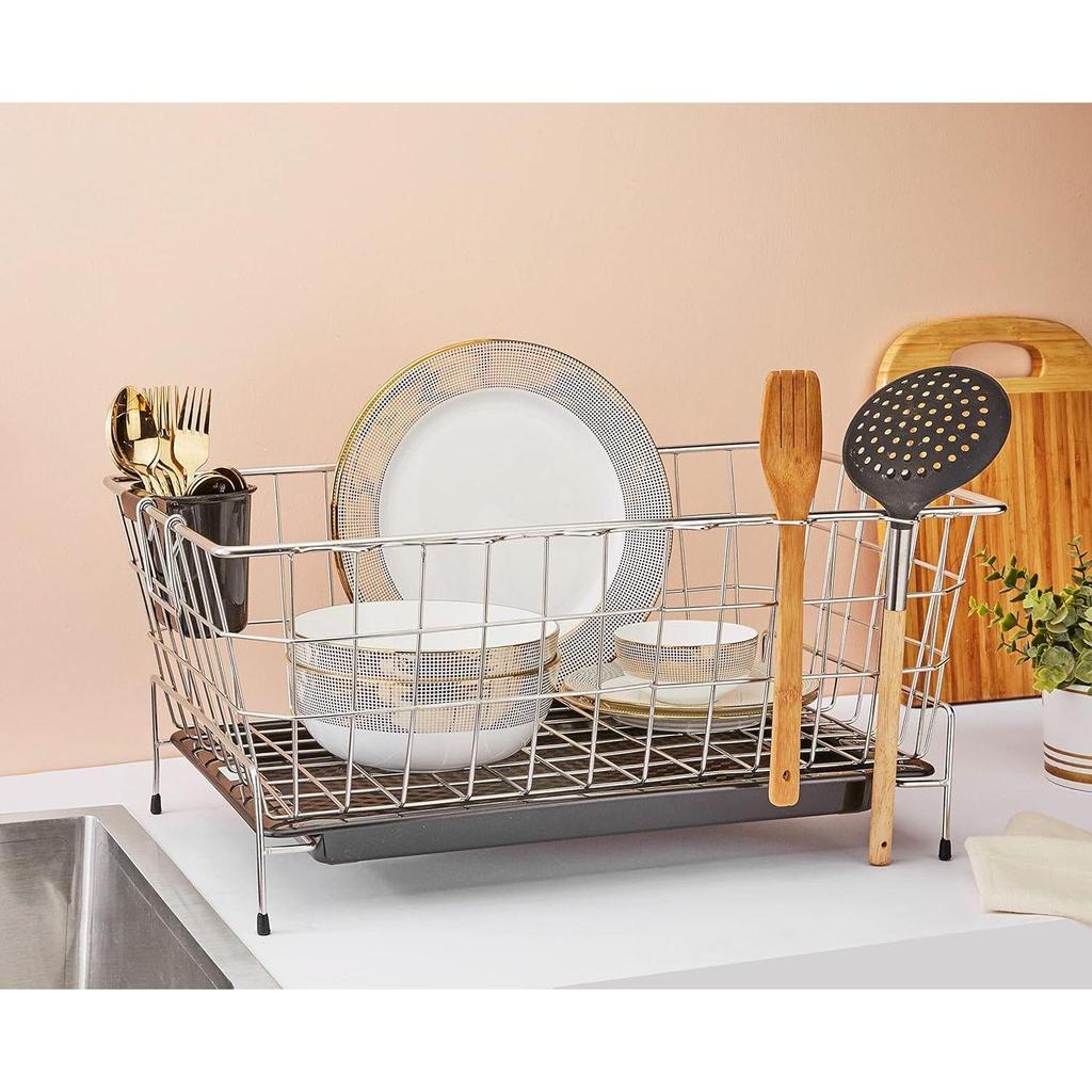 Stainless Steel Dish Drainer with Drain Tray + Cutlery Stand | for Kitchen Utensils | Drying Rack Stand |