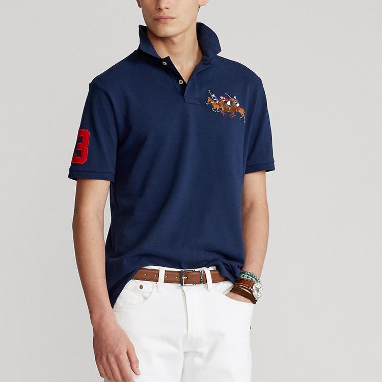 Polo Ralph Lauren Three Pony Logo Pattern Short Sleeve Polo Shirt Men Tops Navy-Blue MNPOKNI1N821007-410