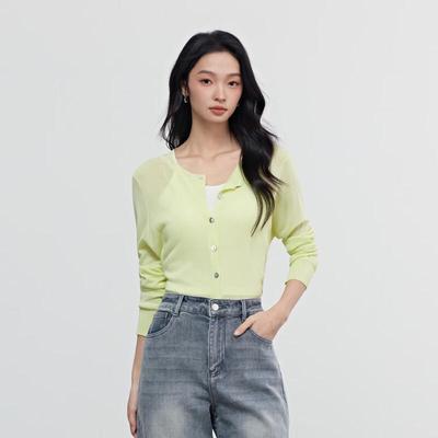 Women's Solid Long-Sleeve Round Neck Knit Cardigan