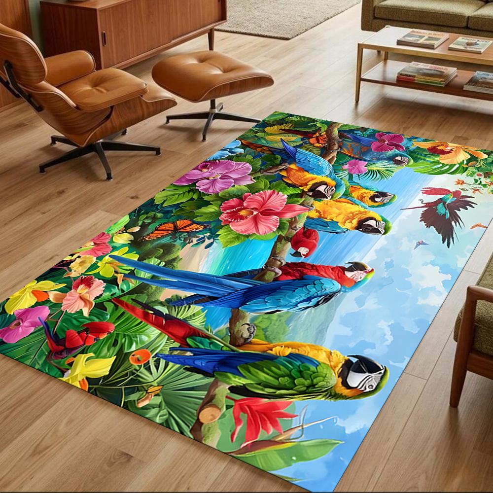 Tropical Parrots And Flowers Non-Slip Home Carpet Design for Office Decor Living Room Bedroom Gift