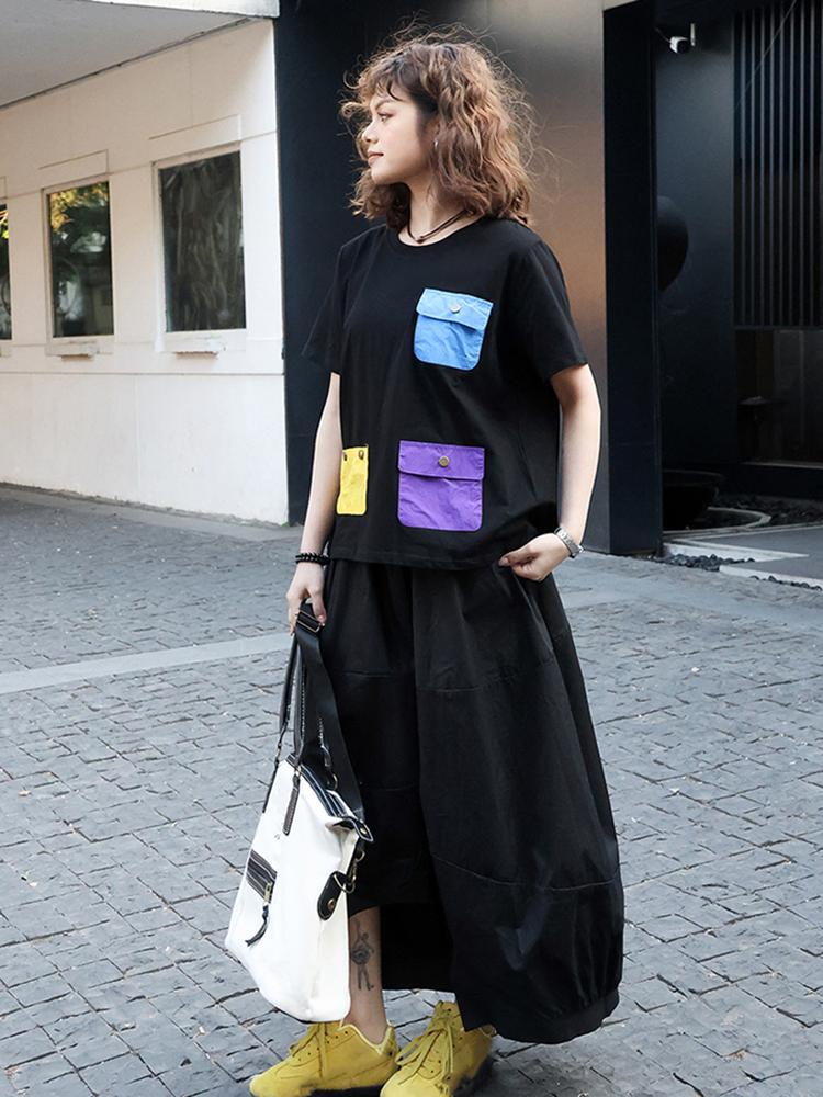 XITAO Pocket Patchwork Contrast Color T-Shirt ZY8922