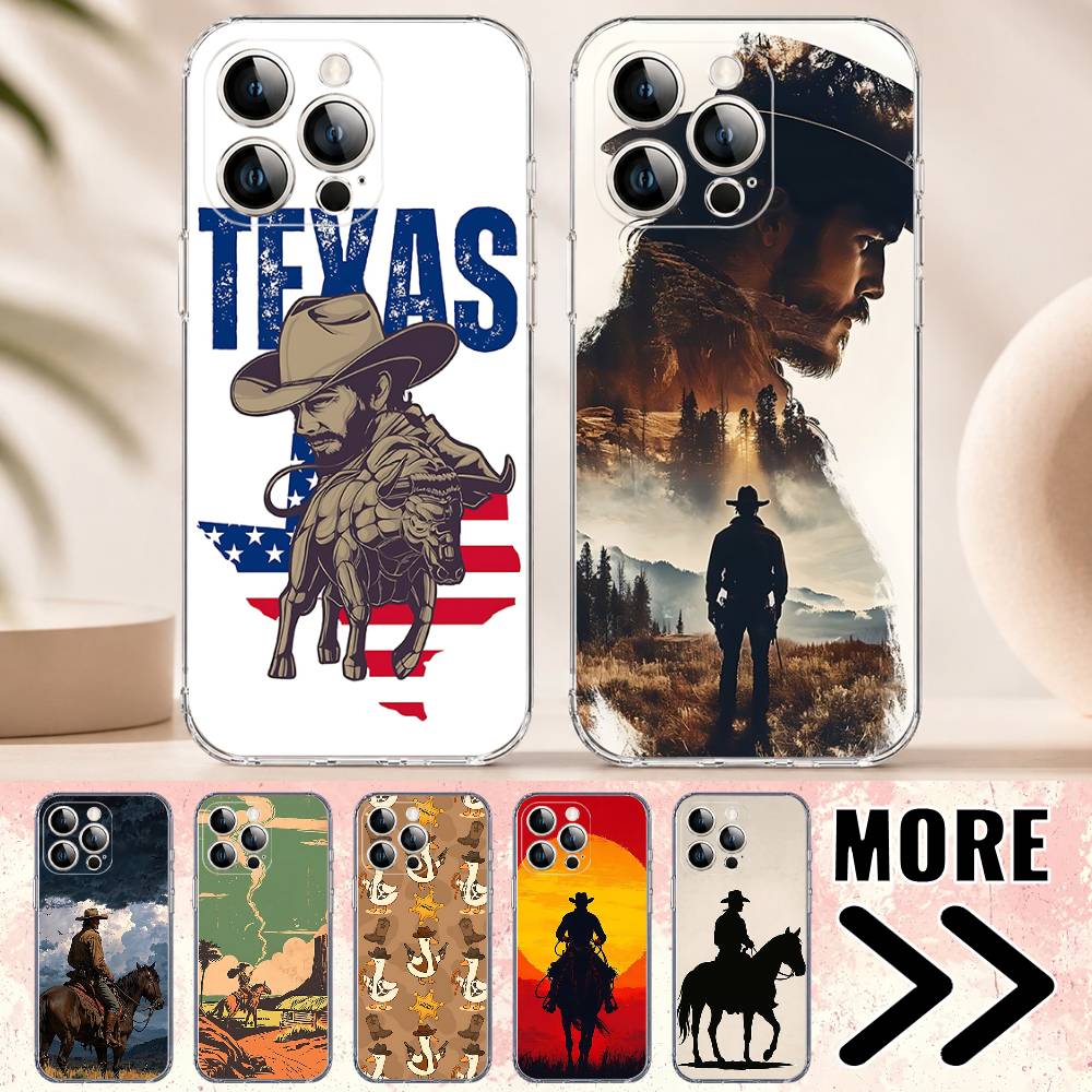 Retro Western Cowboy Pattern Phone Case for iPhone 17 16 16E 15 14 Pro Plus Air 13 12 11 Max Mini Transparent Bumper