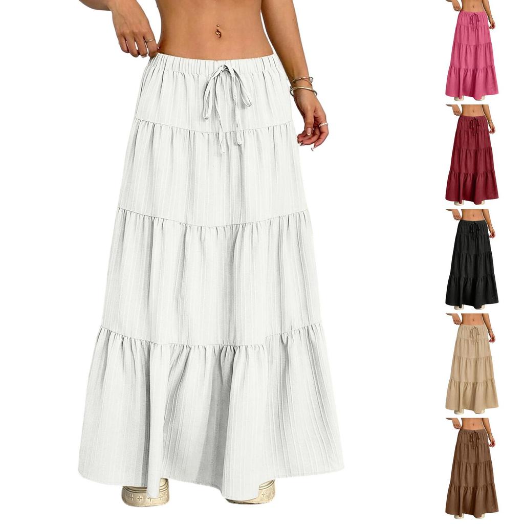 Women's Casual Elastic Waist Multi-Layer Maxi Skirt with Drawstring Adjustable Waistband Lightweight Long Skirt for Everyday Wear
