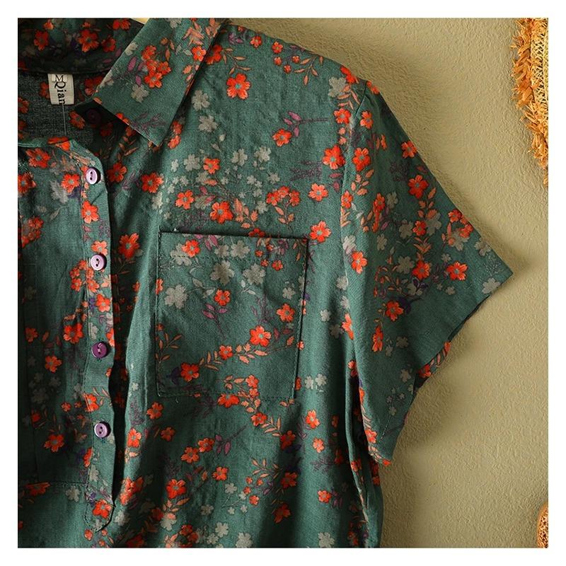 Vintage Floral Print Women's Shirt Summer Fashion Short Sleeve Pocket Loose Casual Blouse Comfortable Soft Thin Daily