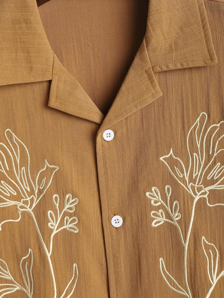ZAFUL Men's Flower Plant Abstract Embroidery Lapel Collar Short Sleeves Vacation Shirt