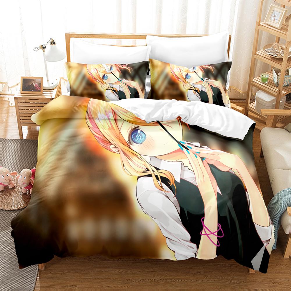 Kaguya Sama Love Is War Bedding Set 3PCS Kaguya Shinomiya Maid Outfit Red Heart Background Anime Print Duvet Cover All Sizes